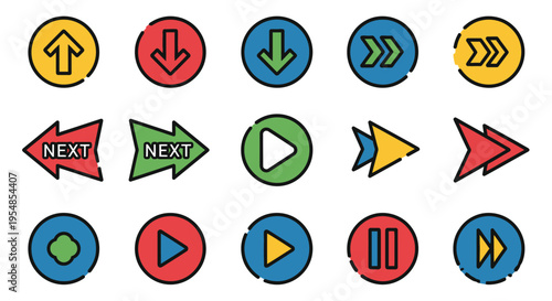 Colorful Media Player Control and Navigation Arrow Icons, Isolated White Background