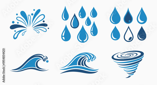 Collection of Water and Weather Icons Including Splashes, Raindrops, Waves, and a Tornado, Isolated White Background