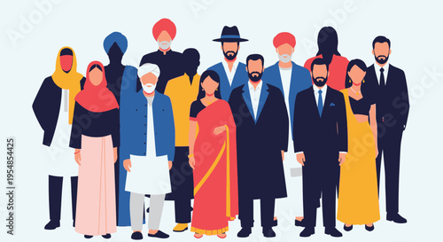 Diverse group of business professionals and individuals from various cultures standing together on a bright studio background.