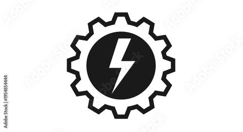 Black silhouette of a cogwheel with lightning bolt symbol on isolated white background