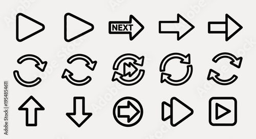 Set of Black Outline Arrow Icons for Navigation, Refresh, and Playback Controls on Isolated White Background