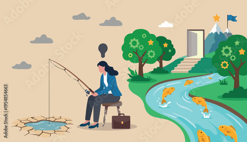 Fail to see opportunity, uninspired employee stuck creativity motivation, corporate success or challenge, bored woman blindly sit fishing wrong place while ignore success opportunity.