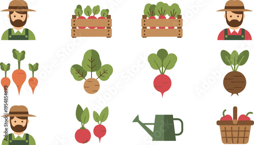 Farmer characters with fresh root vegetables and gardening equipment icons
