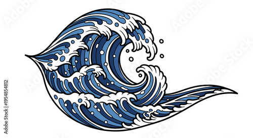 Stylized Blue Ocean Wave with White Foam, Crashing Dynamically on an Isolated White Background