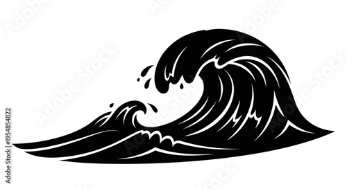 Stylized Black and White Ocean Wave Crashing with Splashes on an Isolated White Background