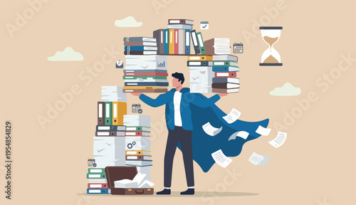 Handle busy work, manage workload or complete multitasks within deadline, organize paperwork or documents, effective or productive concept, businessman superhero carry load of paperwork documents