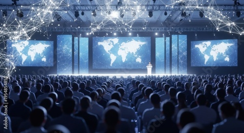 Global Business Conference Speaker Presenting to Large Audience with Digital Global Network Overlay and World Map Screens