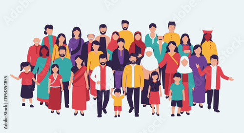 Large Diverse Group of Happy Families and People from Different Cultures Standing Together on a Bright Studio Background