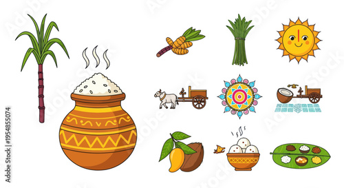 Pongal Festival Icons: Sugarcane, Pot, Sun, Turmeric, Rice, Mango, Coconut