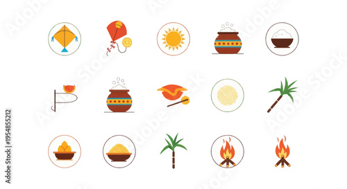 Indian Festival Icons: Pongal, Makar Sankranti, Kite Flying, Sun, Harvest