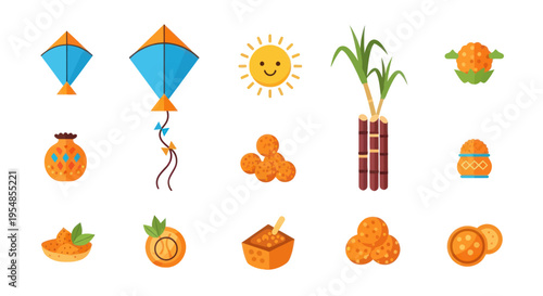 Indian festival icons: Makar Sankranti, Pongal, Lohri celebration symbols, kites, sun, sugarcane