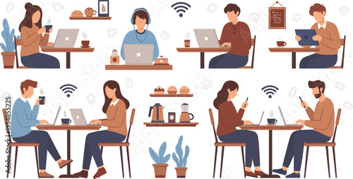 People working and relaxing in coffee shop set, remote work freelance lifestyle in cafe vector illustration collection