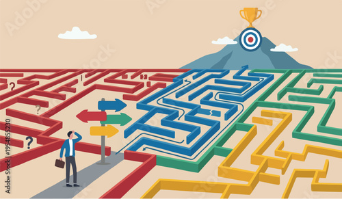Path company teamwork career roadmap process development research management improvement development chart assessment project businessman finding the way in labyrinth to reach target