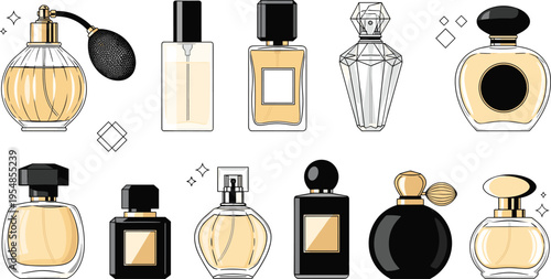 Perfume bottles collection with luxury fragrance packaging, elegant cosmetic containers set for beauty branding, glass scent flacons vector illustration for fashion and retail design