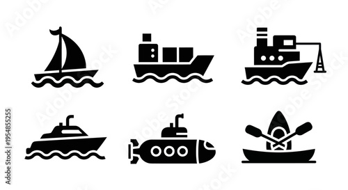 Set of stylized icons depicting various watercraft including sailboat, cargo ship, steamship, speedboat, submarine, kayak