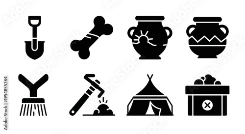 Archaeology Icons: Shovel, Bone, Pottery, Tent, Tools, Brush, Artifacts