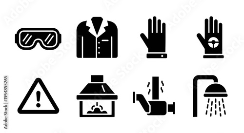 Safety Equipment and Warning Icons: Lab Coat, Goggles, Gloves, Vent, Shower