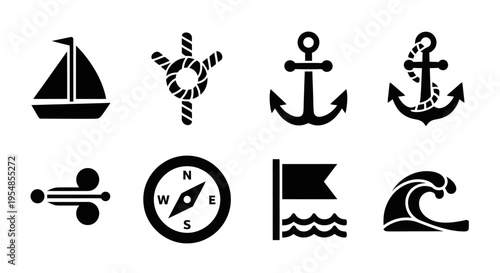 Nautical Icons Set: Sailboat, Anchor, Compass, Rope, Wave, Flag