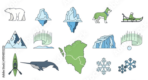Arctic Animals, Icebergs, Aurora Borealis & Nature Icons Set