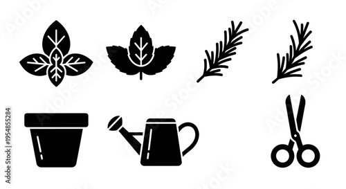 Gardening icons: herbs, pot, watering can, scissors, isolated on white background