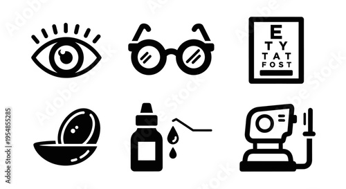 Ophthalmology Icons: Eye Care, Vision Test, Eyeglasses, Contact Lens, Drops