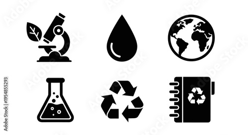 Science and Environment Icons: Microscope, Earth, Drop, Flask, Recycle, Notebook