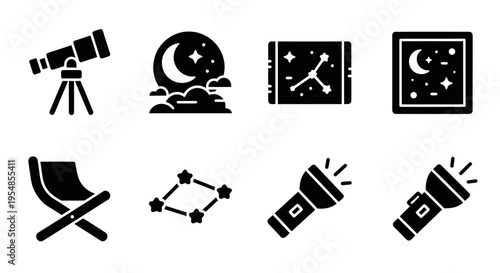 Astronomy Icons: Telescope, Moon, Constellations, Chair, Flashlights