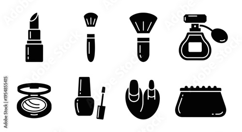 Cosmetics Beauty Icons Set - Lipstick, Brushes, Perfume, Nail Polish, Makeup Bag
