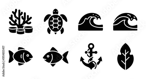 Marine Life Icons: Coral, Turtle, Fish, Waves, Anchor, Leaf - Black and White Vector Set