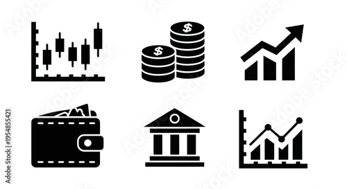 Finance and Investment Icons: Stock Market Chart, Coins, Wallet, Bank, Growth Graph