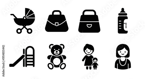 Baby Care and Motherhood Icons: Stroller, Diaper Bag, Bottle, Teddy Bear, Playground, Mom