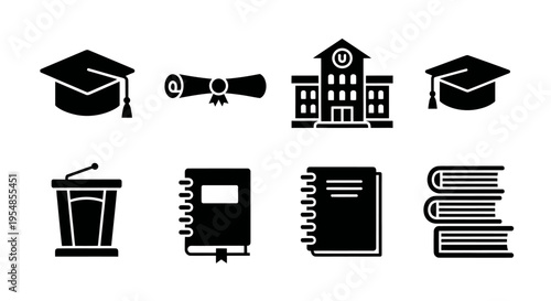 Education Icons: Graduation Cap, Diploma, University, Books, Podium
