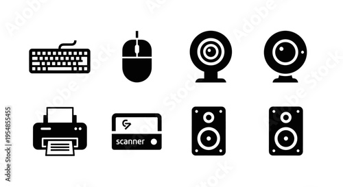 Computer Peripherals Icons: Keyboard, Mouse, Webcam, Printer, Scanner, Speakers