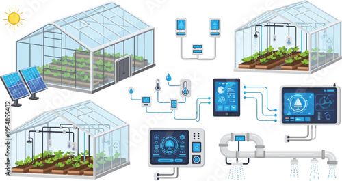 Smart greenhouse system set with sensors irrigation and solar panels, modern agriculture technology vector illustration