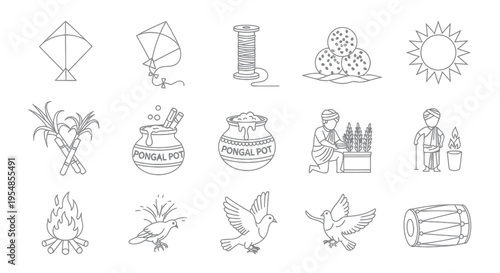 Pongal Festival Icons: Kites, Sun, Sugarcane, Pots, Doves, Drum, Bonfire, Harvest