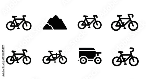 Set of bicycle icons and mountain silhouette, vector graphic icons