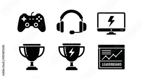 Gaming Icons: Controller, Headset, Monitor, Trophies, Leaderboard - Vector Set