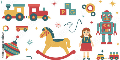 Vintage kids toys set with train robot rocking horse and spinning top, retro playthings vector illustration collection
