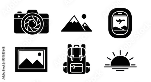 Travel Icons: Camera, Mountains, Airplane Window, Picture Frame, Backpack, Sunrise