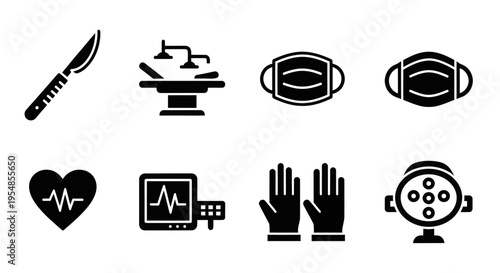 Medical Surgery Icons Set: Scalpel, Operating Table, ECG, Mask, Gloves, Light