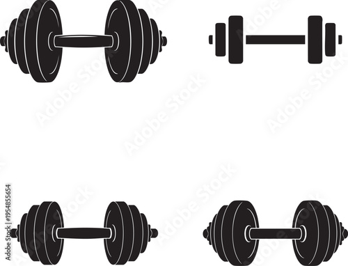 Four dumbbells are arranged in a square on a white background