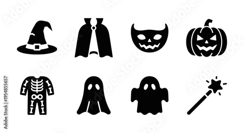 Halloween Icons Set: Pumpkin, Witch Hat, Ghost, Costume, Wand, Mask