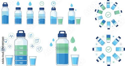 Water intake bottles and hydration tracker set, daily drinking reminder and healthy lifestyle vector illustration