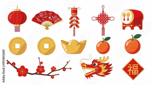 Chinese New Year Decorations: Lantern, Fan, Firecrackers, Knot, Drum, Coins, Gold, Oranges, Plum Blossom, Dragon