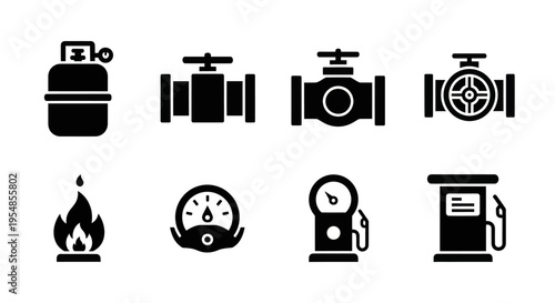 Gas Industry Icons: Propane Tank, Valves, Meter, Flame, Gas Pump, Fuel Station