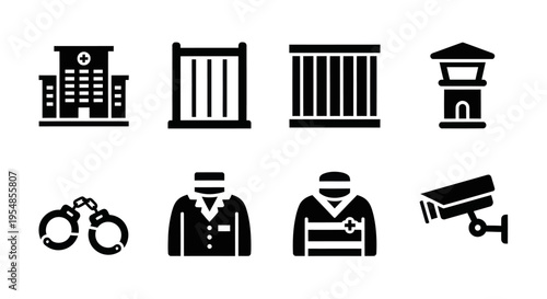 Prison Icon Set: Jail, Guard Tower, Handcuffs, Inmate, Camera, Hospital