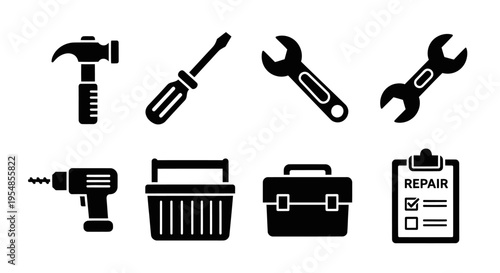 Collection of black repair tools and toolbox icons on white background