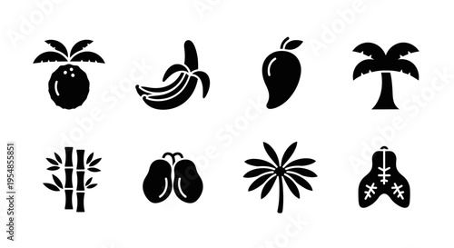 Tropical Fruits and Plants Icons: Coconut, Banana, Mango, Palm Tree, Bamboo, Avocado