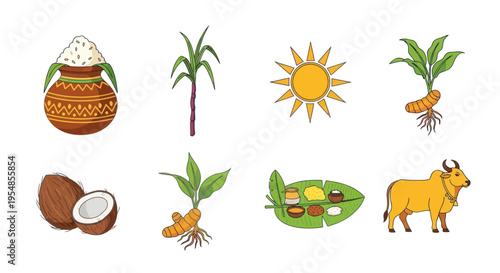 Pongal Festival Icons: Pot, Sugarcane, Sun, Turmeric, Coconut, Ox, Feast
