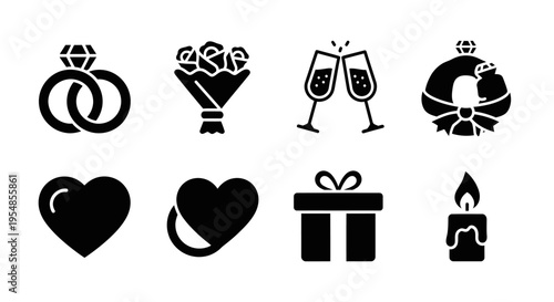 Love and Celebration Icons: Rings, Roses, Champagne, Gift, Heart, Candle